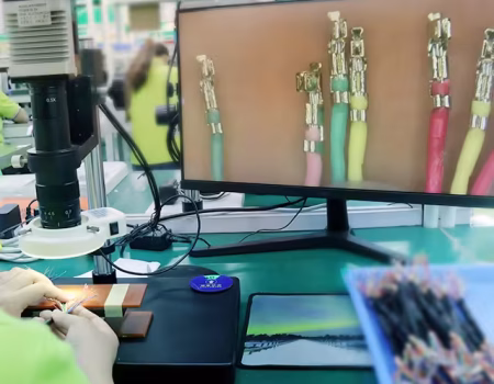 High-precision LVDS cable crimping inspection ensuring secure terminal connectivity.