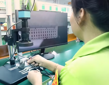 High-precision LVDS cable wiring inspection ensuring correct pinout and signal integrity.