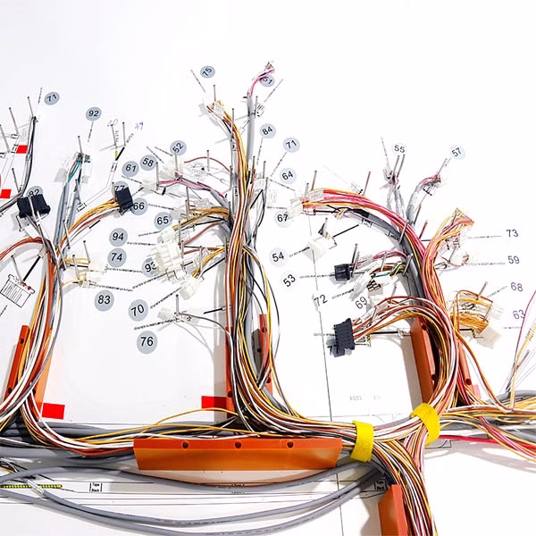 A step-by-step diagram of Romtronic's wire harness production, from DFM to final 300% inspection.