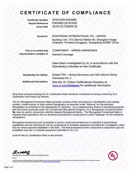 Official UL certificate representing Romtronic's compliance with North American safety, fire, and electrical insulation standards.
