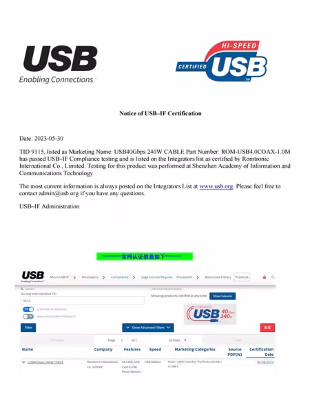 Official USB-IF certificate representing Romtronic's compliance with USB4 standards for high-bandwidth and power delivery.